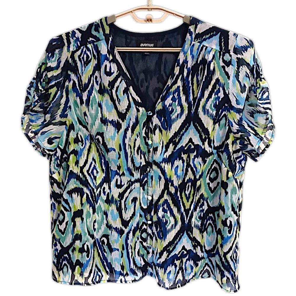 AVENUE Plus Size 2X 18 20 Button Down Blouse Ikat Short Shirred Sleeve Sheer